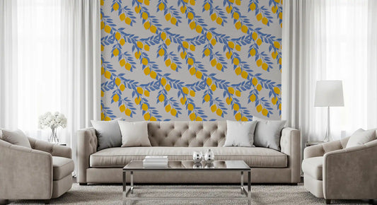 Lemon Branches Blue Leaves Wallpaper⁠