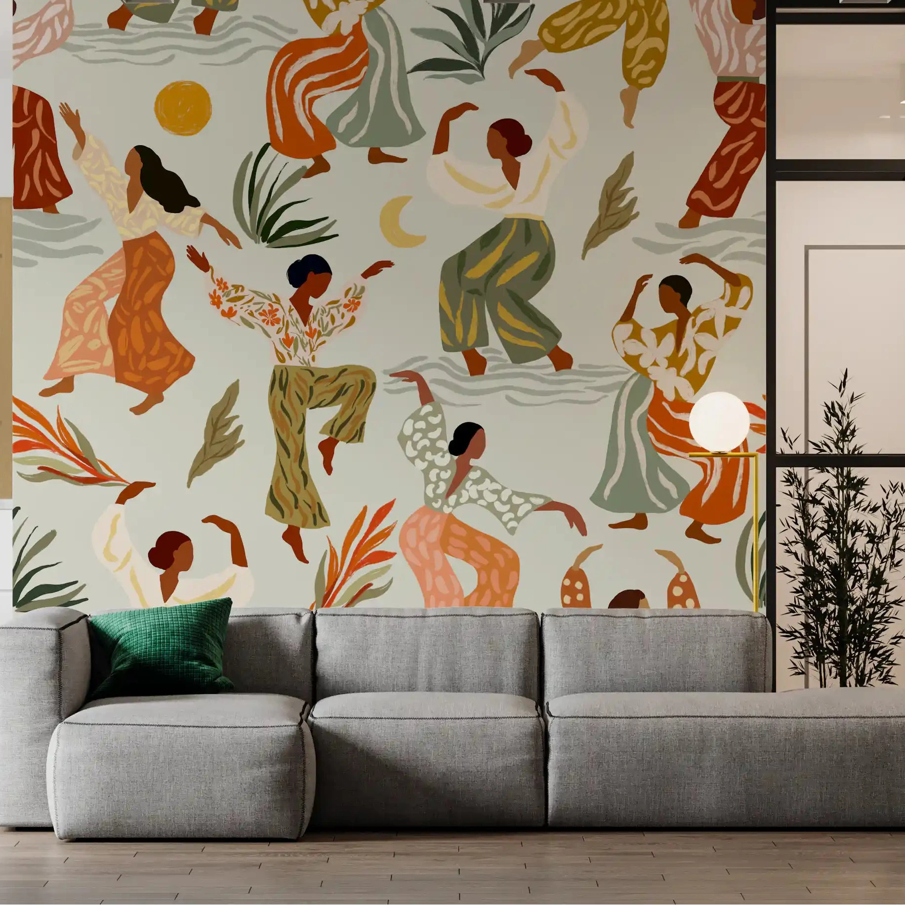 Living room set with dancing figures and leaves, Botanical Dance wall mural GD10974
