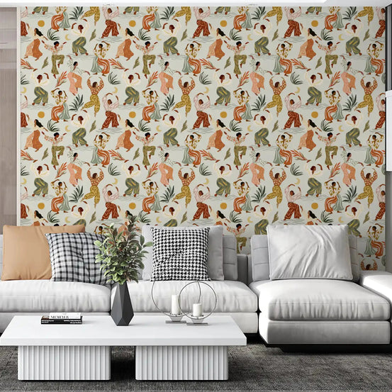 Living room glows under the Earthy Boho Rhythms wallpaper GD10976
