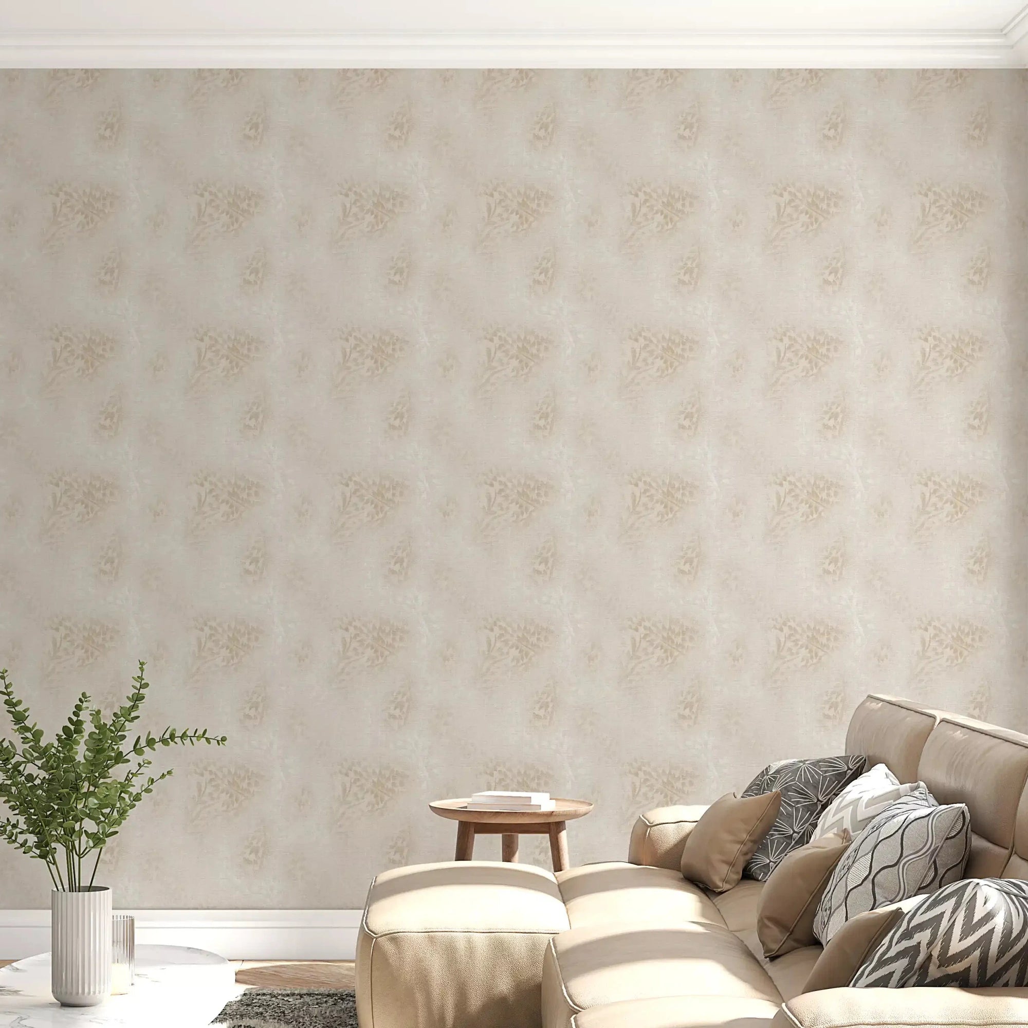 Delicate Linen Botanical Foliage wallpaper warms a neutral living room, GD10978
