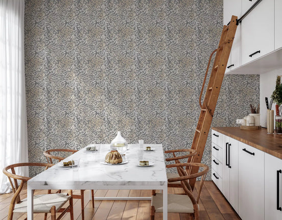 Kitchen-Dining room set with birch leaves on a charcoal ground, Woodland wallpaper GD10979
