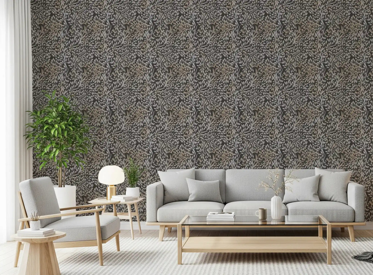 Classical Woodland Foliage wallpaper filling an airy living room GD10980

