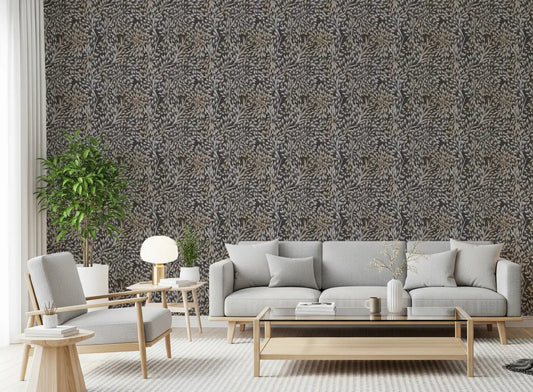 Classical Woodland Foliage wallpaper filling an airy living room GD10980
