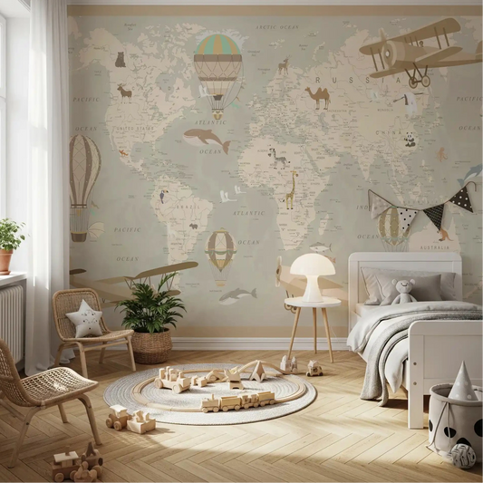 Vintage biplanes drift over a calm Kids bedroom wall mural GD10983
