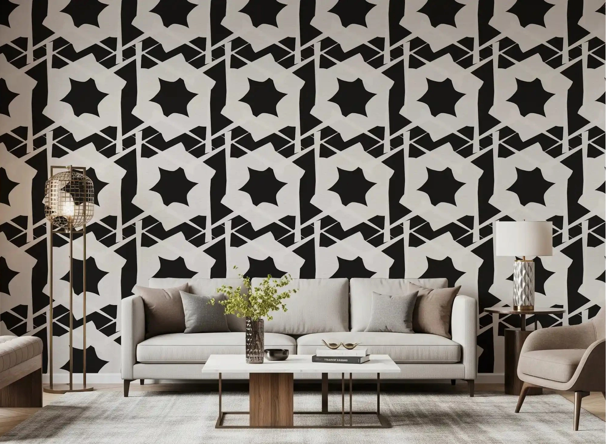 Interlocking Monochromatic Geometry wallpaper facing a living room GD10987
