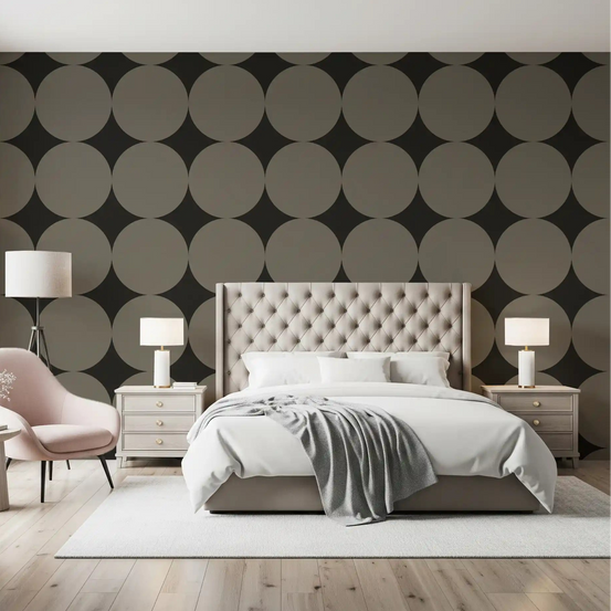 Bedroom feature area dressed in symmetric mid-century arcs and stars wallpaper, GD10996