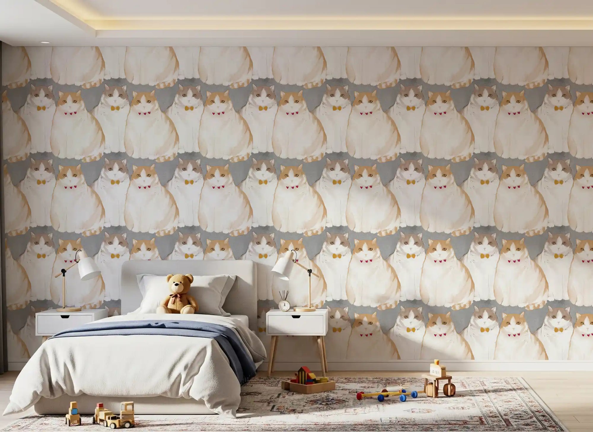 Chubby kittens wallpaper repeating in a restful bedroom, GD10998
