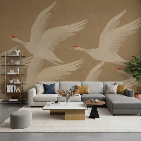 Ivory cranes in flight across a Living room wall mural GD11003
