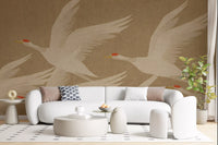 Ascending Cranes in Earthy Ochre Wall Mural