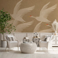 Ascending Cranes in Earthy Ochre Wall Mural