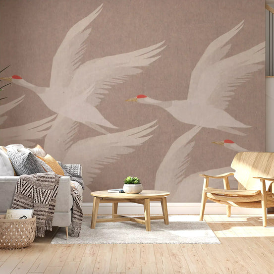 Living room styled with the Soaring Cranes wall mural GD11004