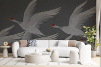 Oriental Crane Flight in Slate and Gold Wall Mural