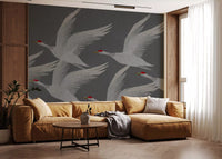 Oriental Crane Flight in Slate and Gold Wall Mural