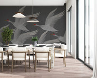 Oriental Crane Flight in Slate and Gold Wall Mural