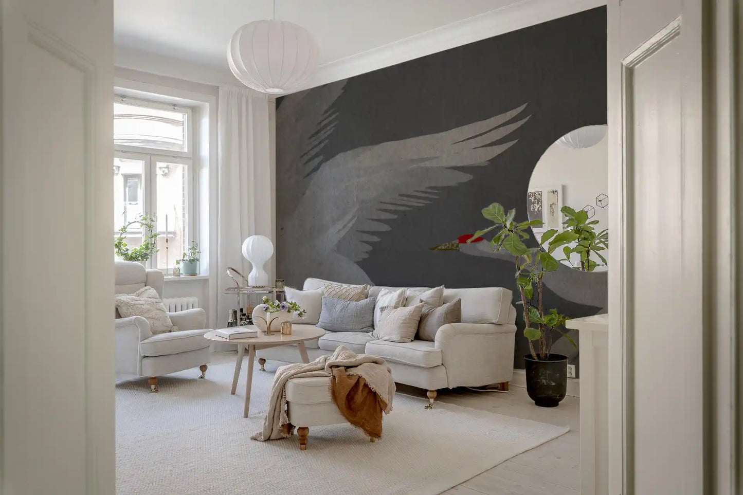 Oriental Crane Flight in Slate and Gold Wall Mural