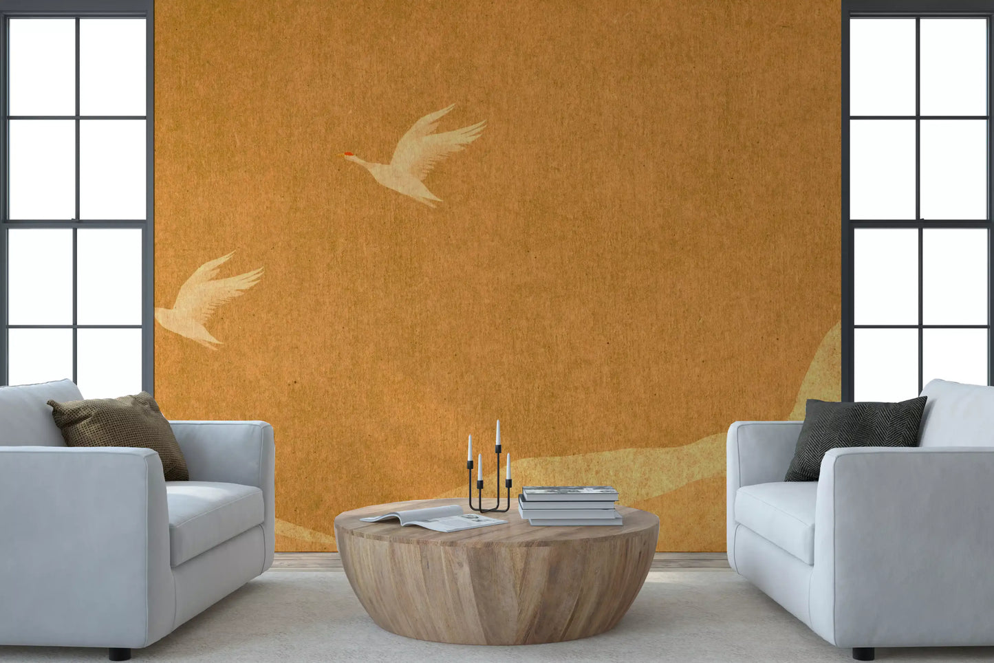 Celestial Golden Cranes over Serene Hills Wall Mural