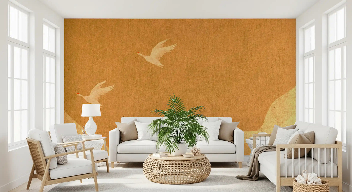 Celestial Golden Cranes over Serene Hills Wall Mural