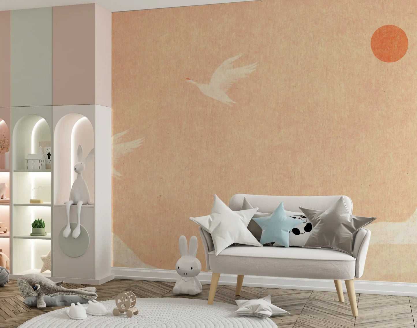 Minimalist Japanese Cranes at Sunset Wall Mural