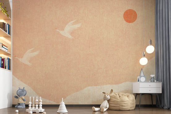 Cranes at sunset wall mural spanning a calm Nursery area , GD11007
