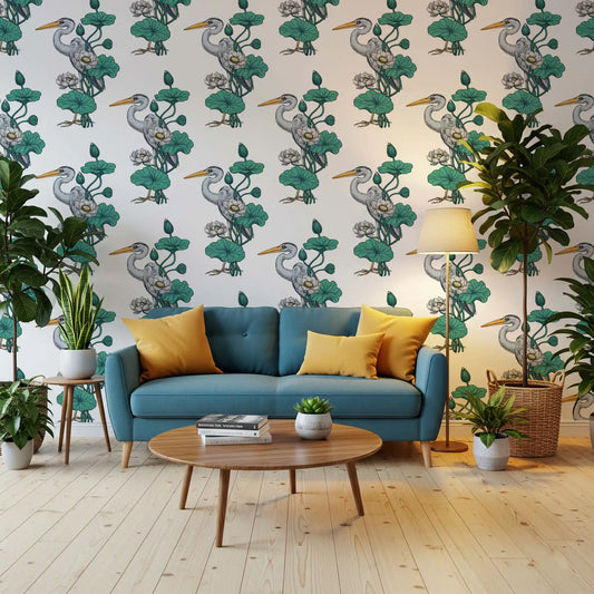 White lotus and herons spread over a Living room wallpaper GD11009