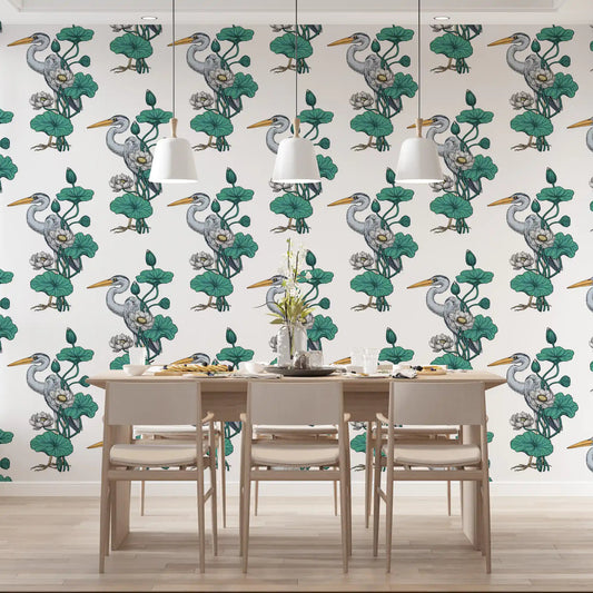 Living room styled with the Heron Lotus Garden wallpaper GD11009