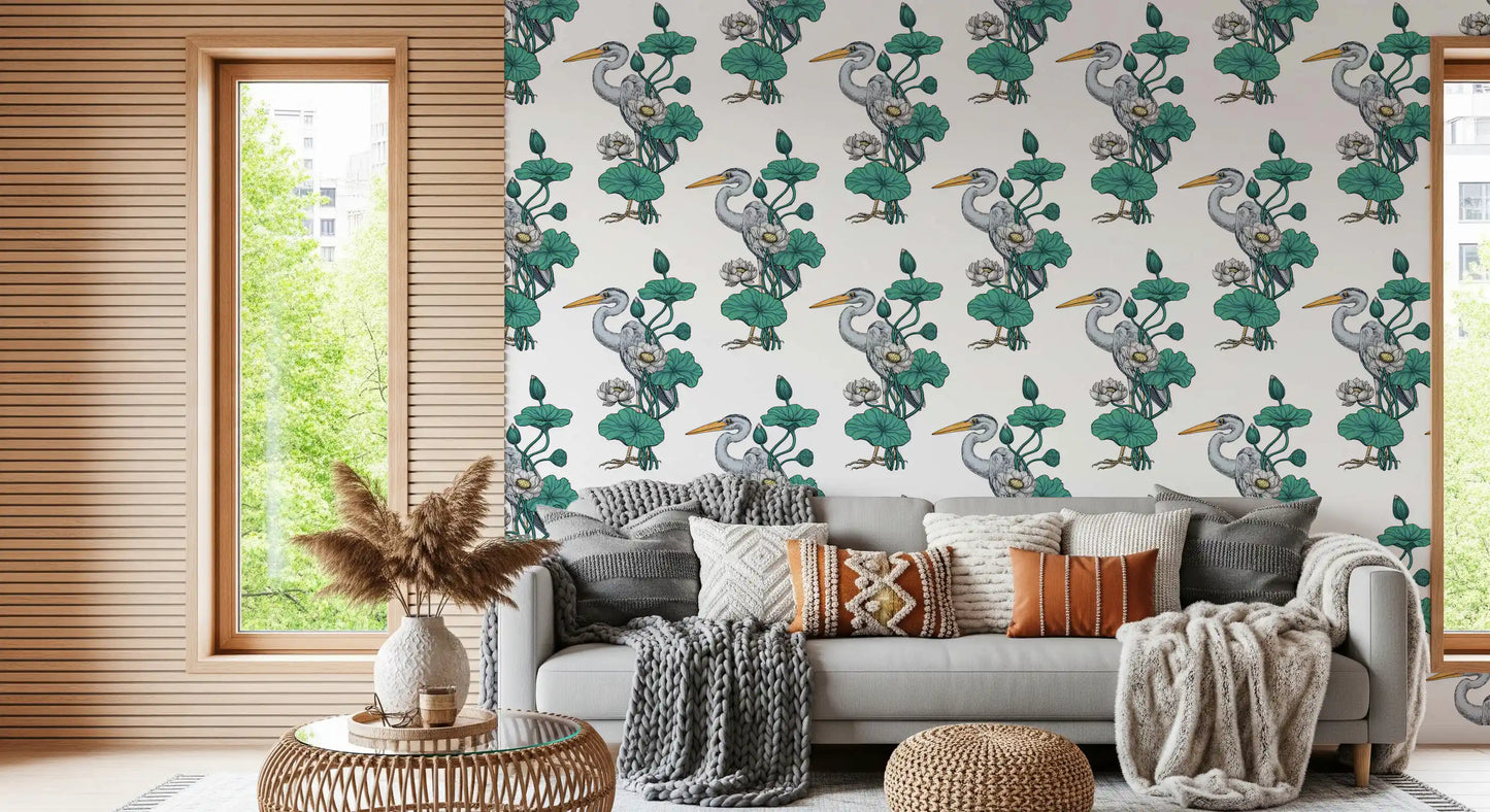 Heron in the White Lotus Garden on white Wallpaper⁠