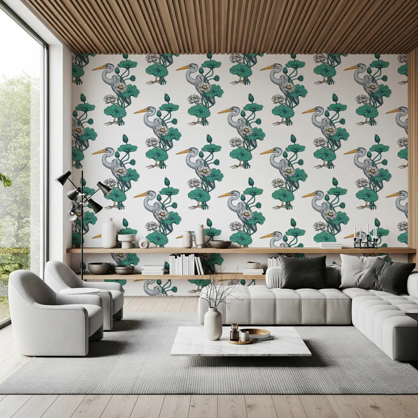 Heron in the White Lotus Garden on white Wallpaper⁠