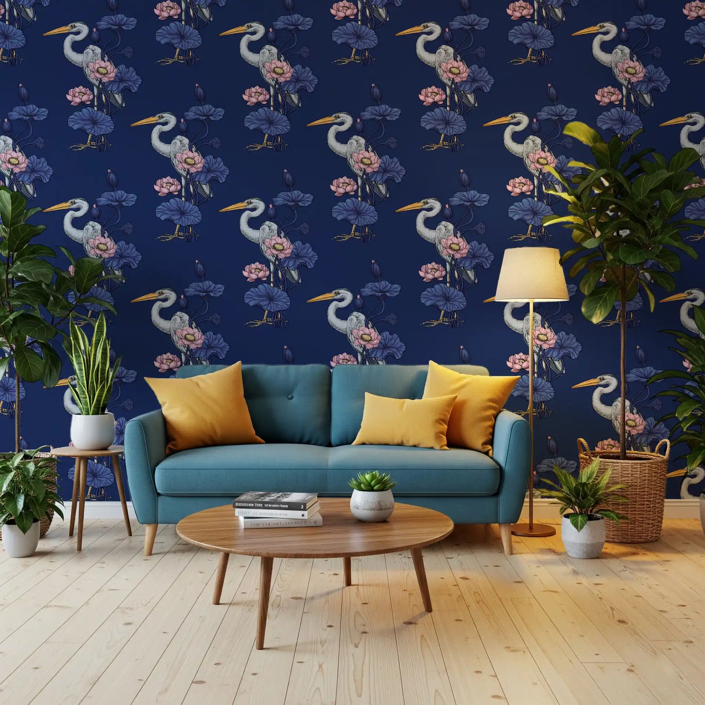 Heron in the Pink Lotus Garden on delpht blue Wallpaper⁠