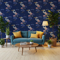 Heron in the Pink Lotus Garden on delpht blue Wallpaper⁠