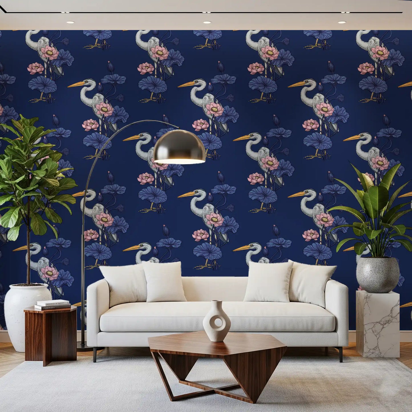 Heron in the Pink Lotus Garden on delpht blue Wallpaper⁠