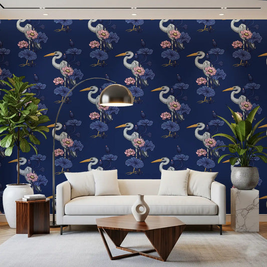 Navy lotus wallpaper with pale herons behind a Living room, GD11010