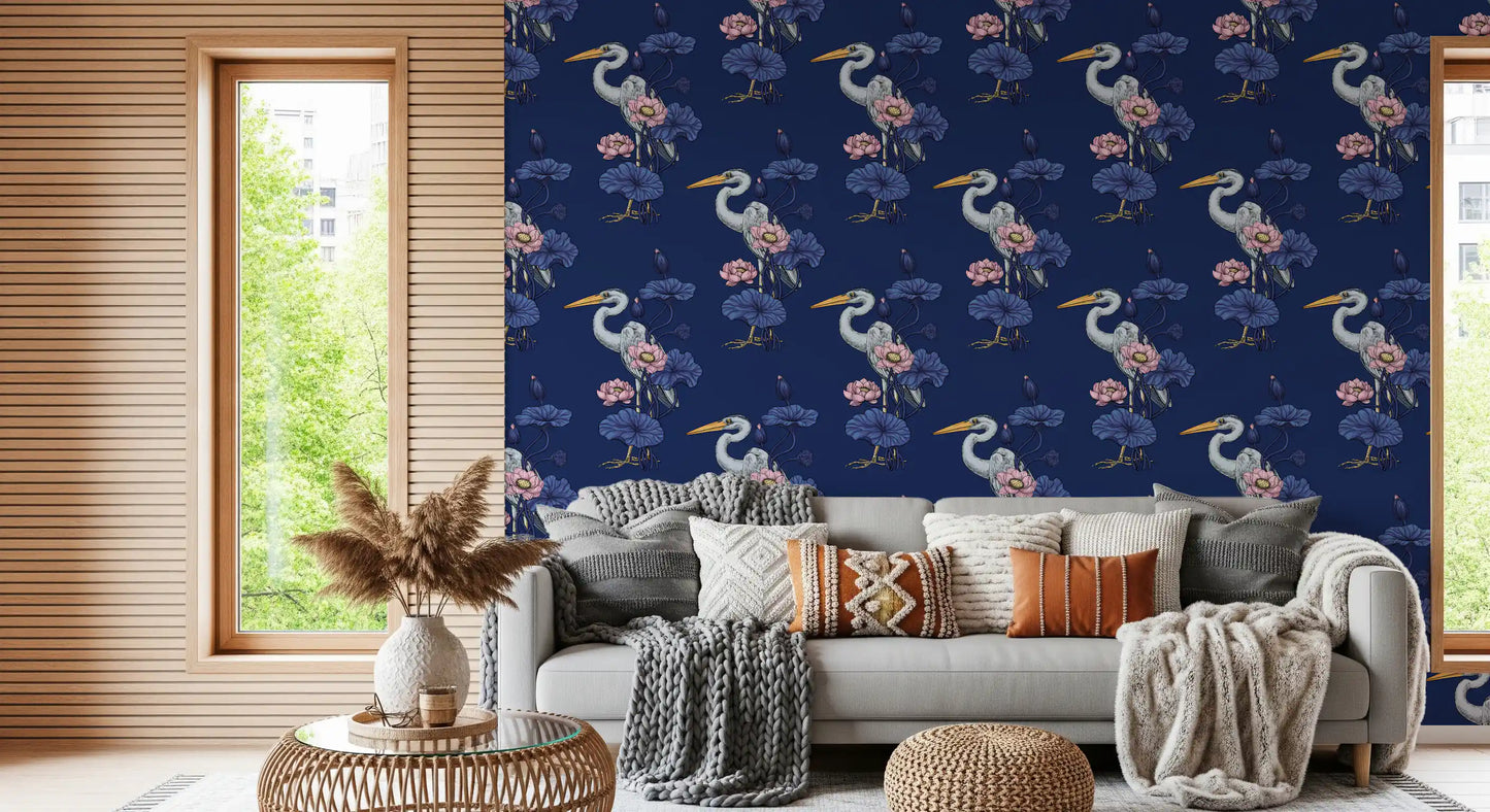 Heron in the Pink Lotus Garden on delpht blue Wallpaper⁠