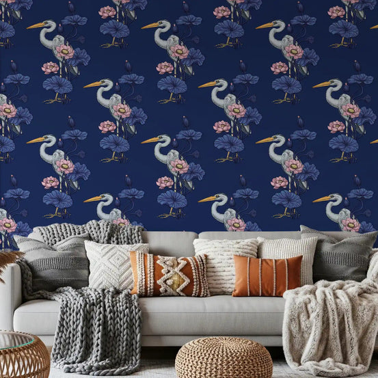 Heron and lotus garden wallpaper covering a living room feature area, GD11010