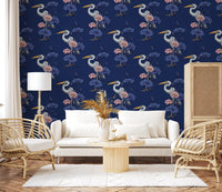 Heron in the Pink Lotus Garden on delpht blue Wallpaper⁠