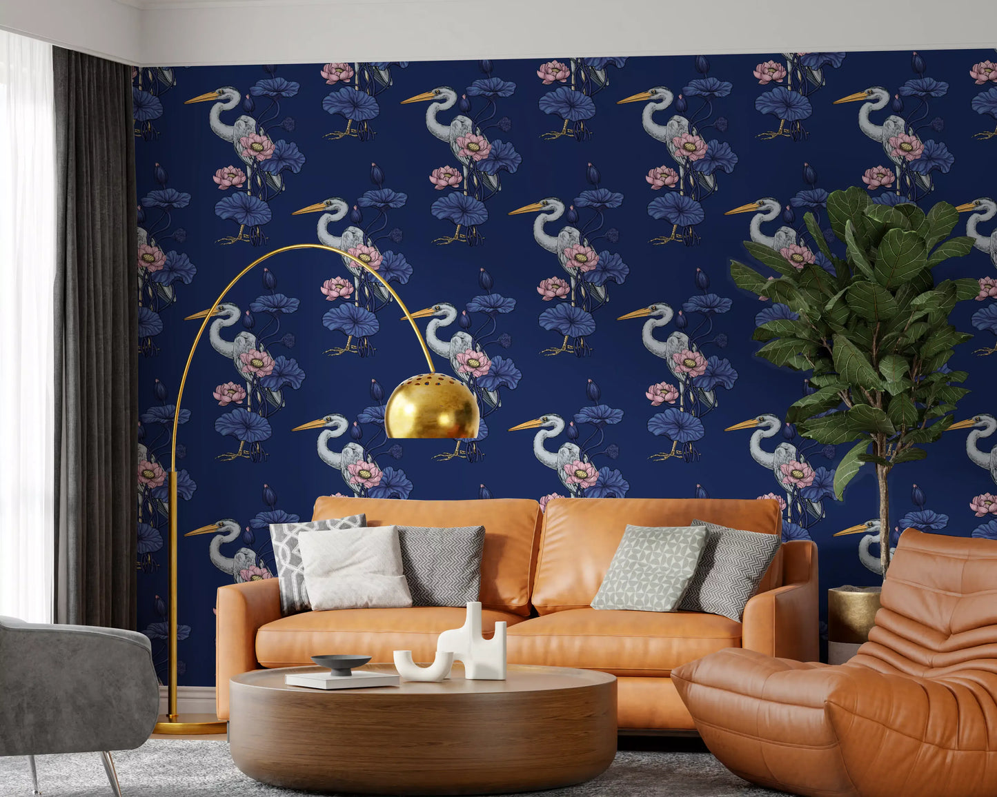 Heron in the Pink Lotus Garden on delpht blue Wallpaper⁠