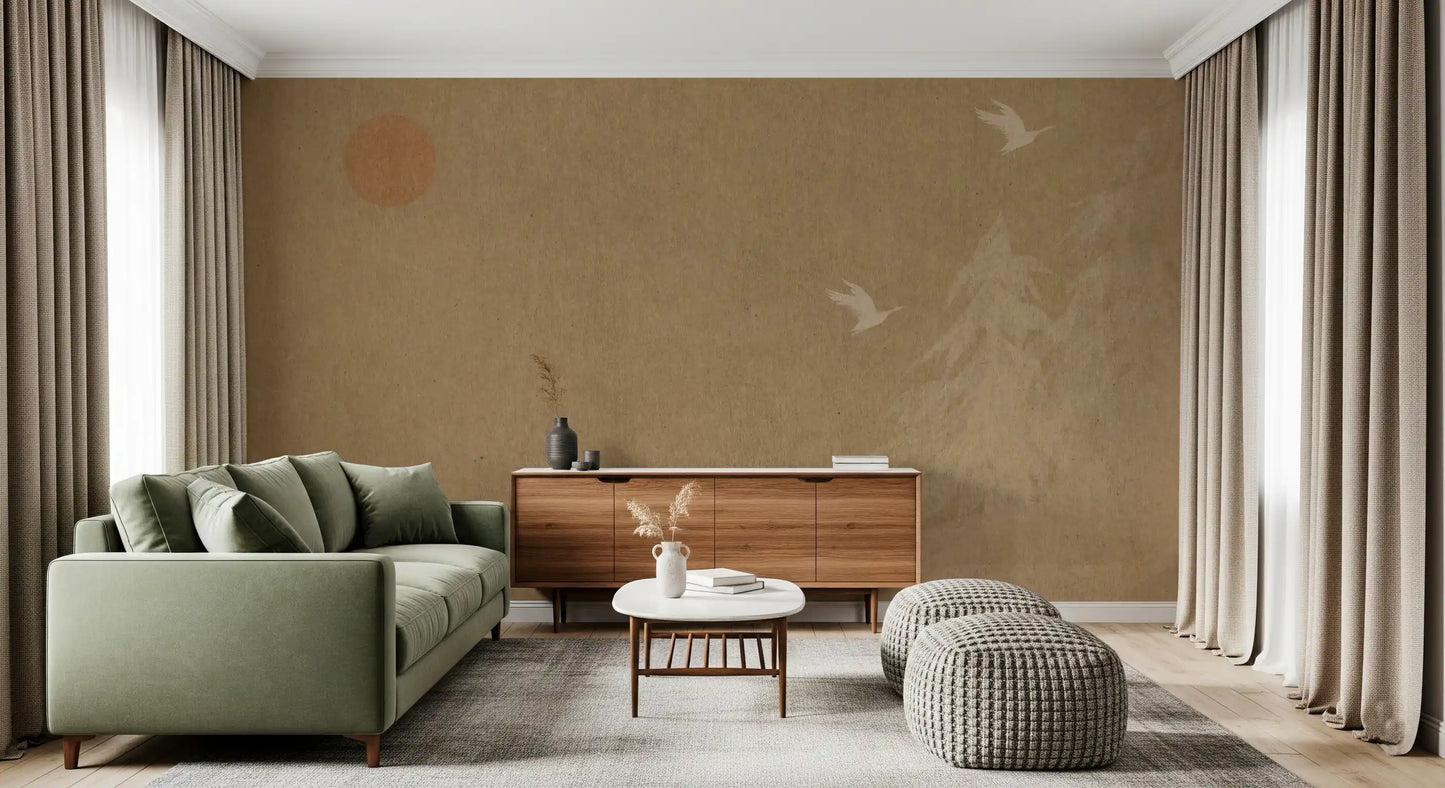 Minimalist Oriental Sun and Pine Trees Wall Mural