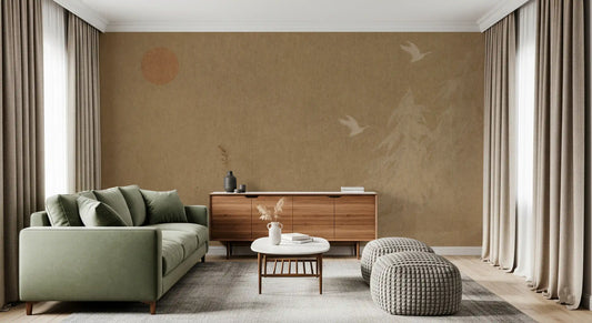 Minimalist Oriental Sun and Pine Trees Wall Mural