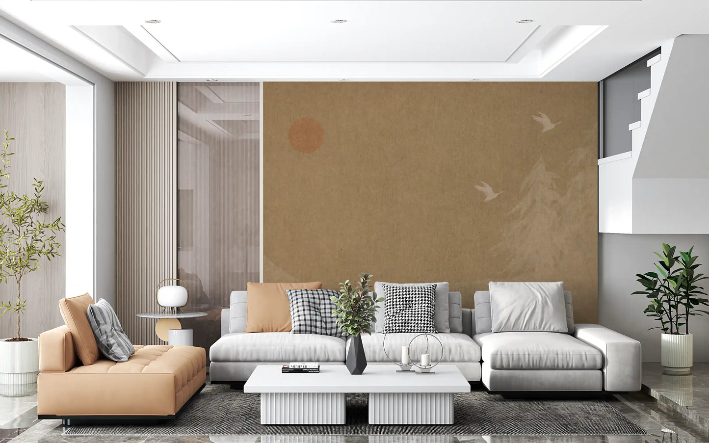 Minimalist Oriental Sun and Pine Trees Wall Mural