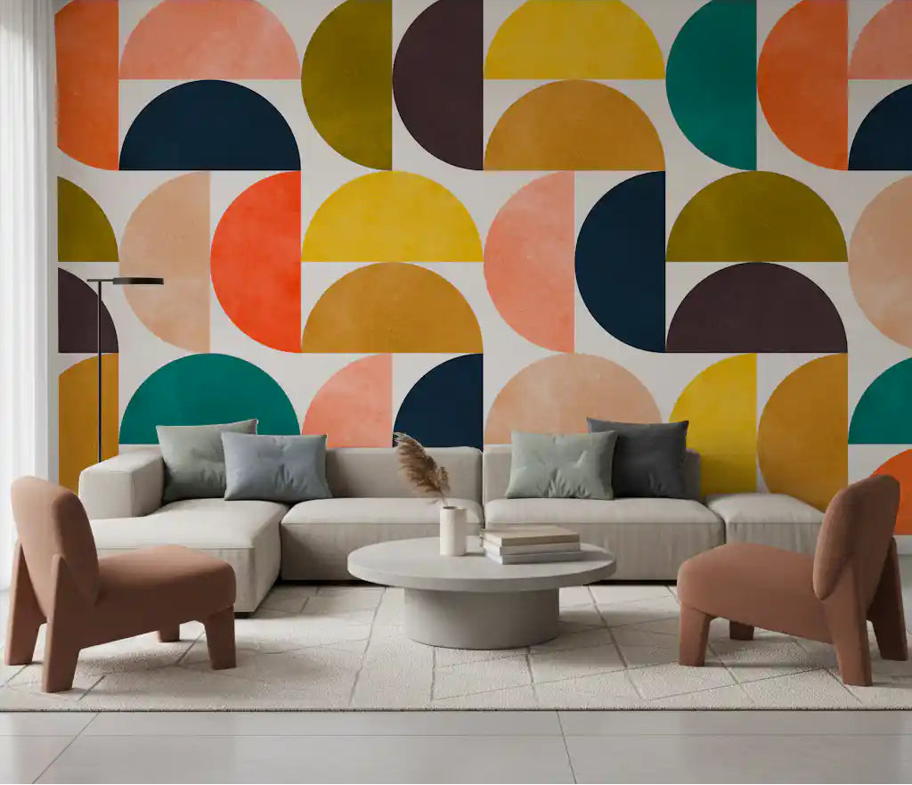 Living room styled with mid century arc semicircles in this wall mural GD11022
