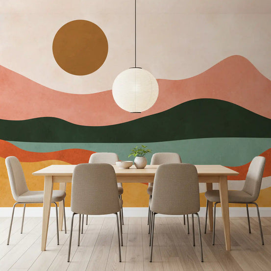 Golden Sun wall mural spanning a Dining room feature zone, GD11025
