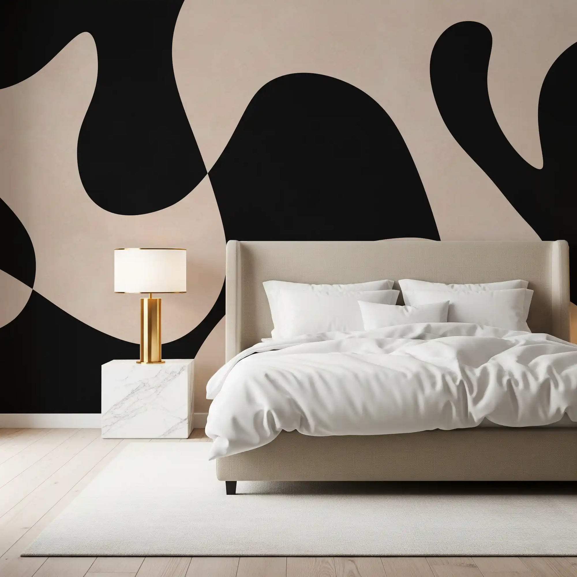 Bedroom styled with fluid black and cream shapes in this wall mural GD11027
