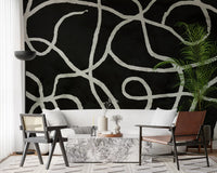 Minimalist Organic Ink Lines on Charcoal Wall Mural