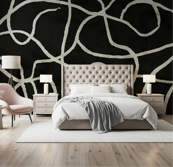 Organic Ink Lines wall mural setting the mood in a bedroom, GD11030
