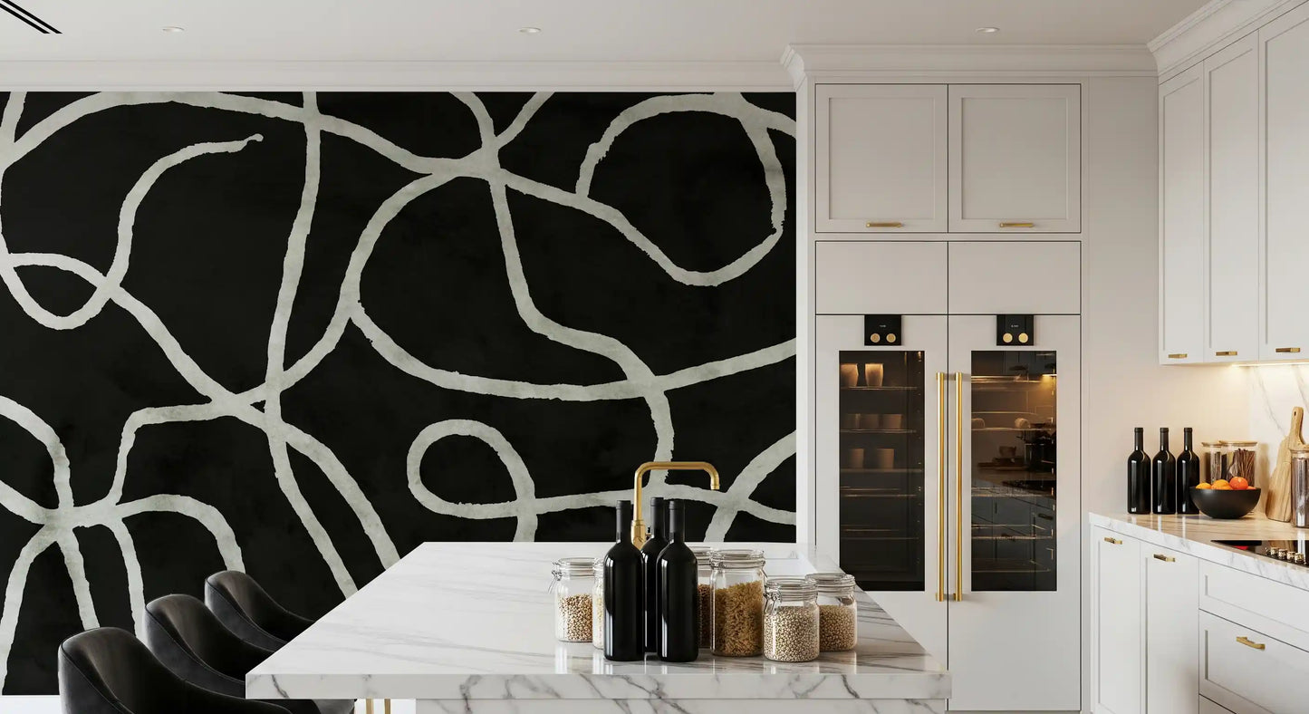 Minimalist Organic Ink Lines on Charcoal Wall Mural