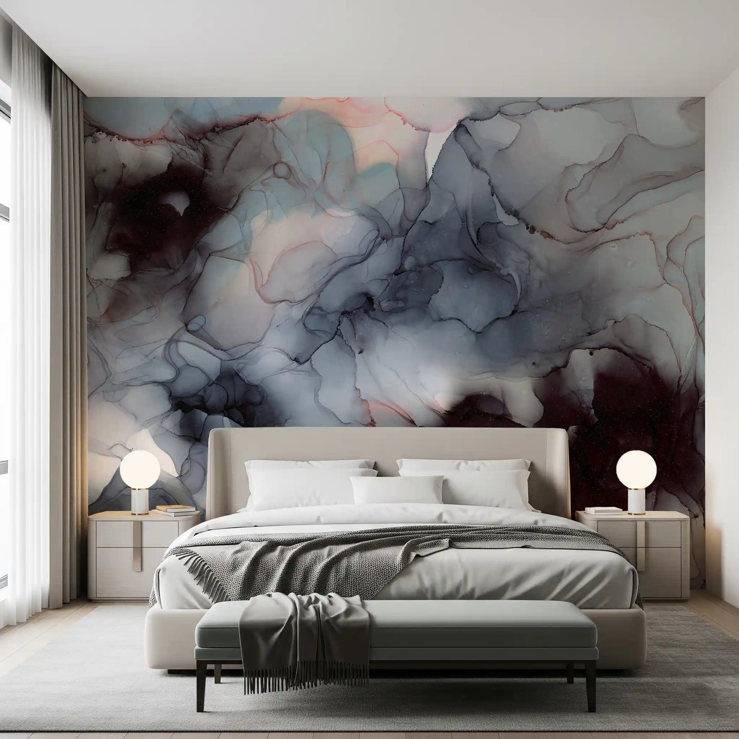 Flowing Obsidian and Blush Mist Wall Mural