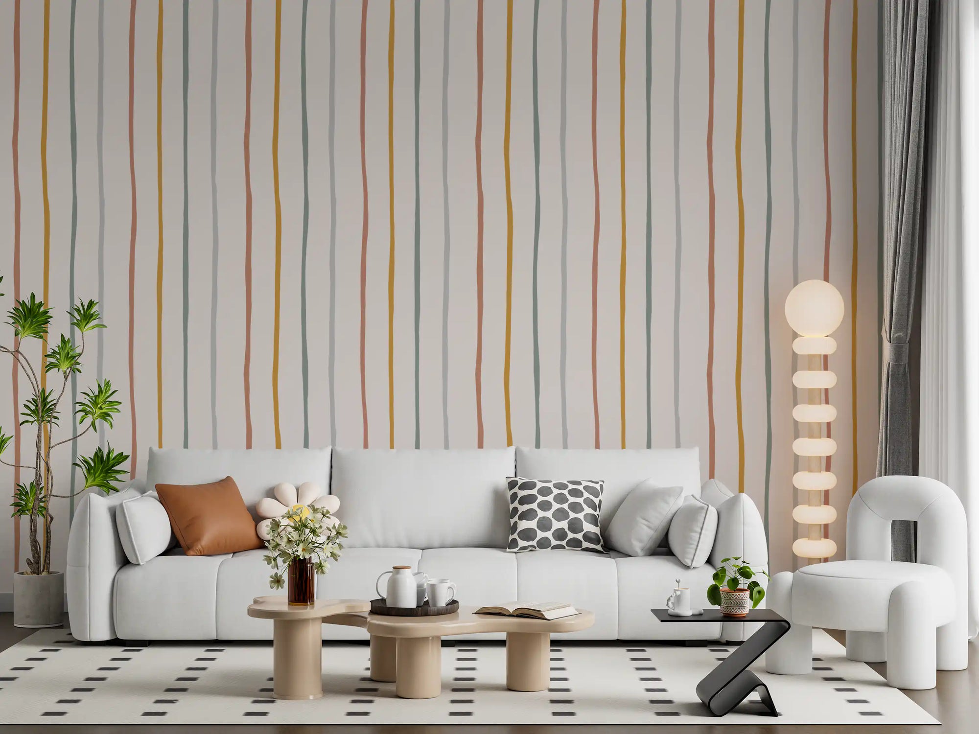 Whimsical Vertical Stripes wallpaper spanning a living room, GD11037
