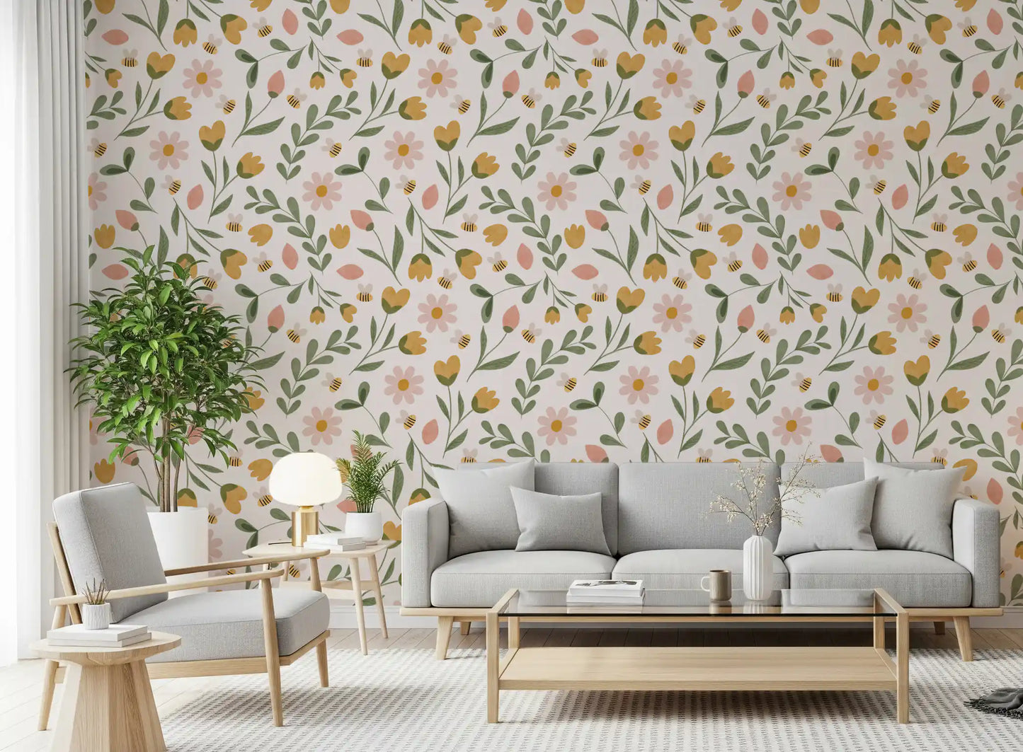 Whimsical Honeybee Meadow Pattern Wallpaper⁠