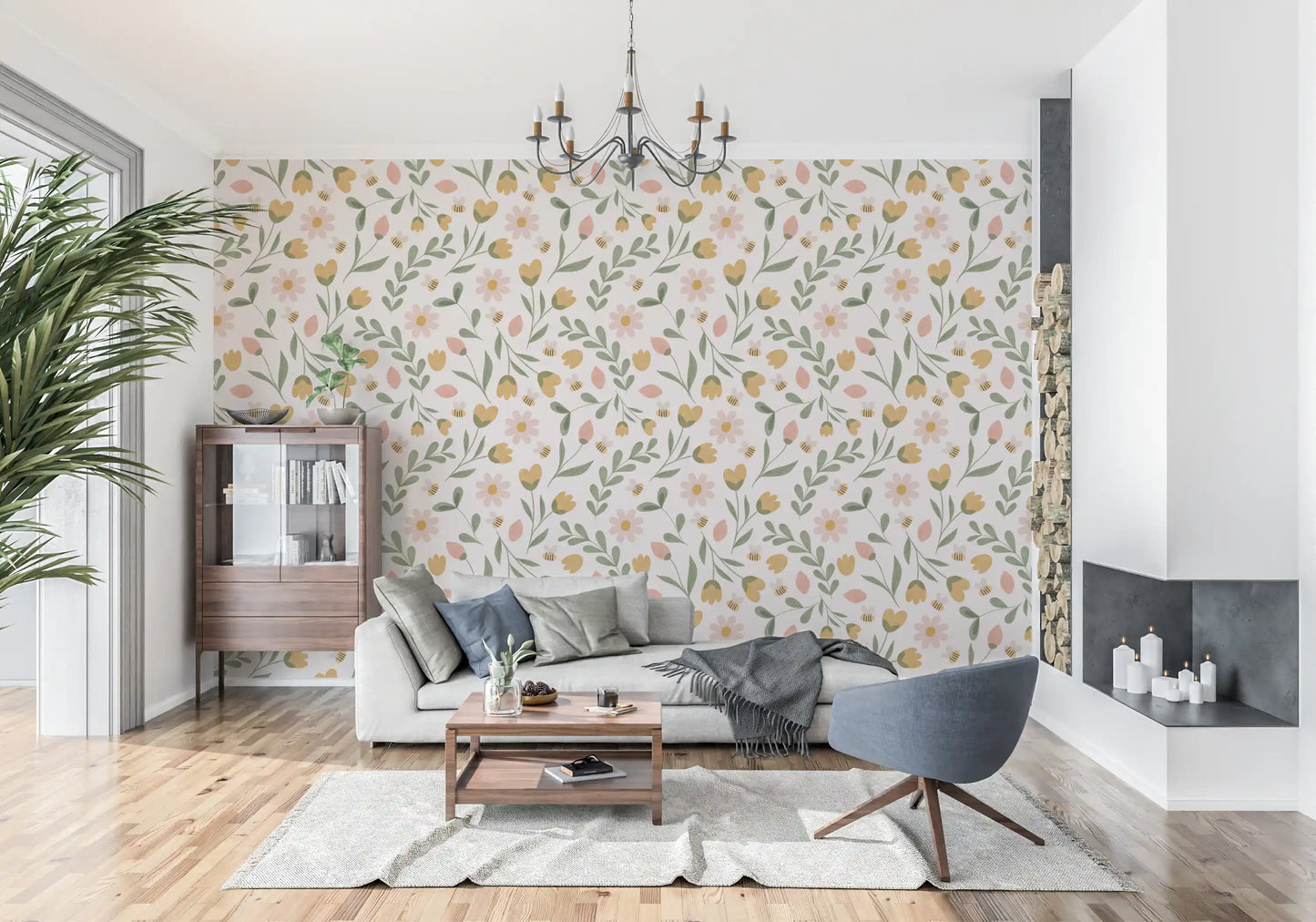Whimsical Honeybee Meadow Pattern Wallpaper⁠