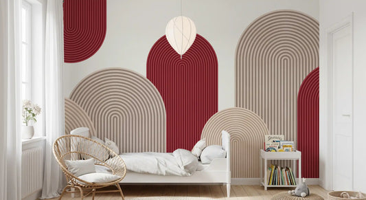 Geometric Ribbon Cascade in Red and Sand Wall Mural