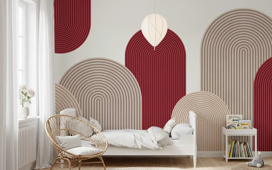 Bedroom styled with red and sand ribbon arches in this wall mural GD11043
